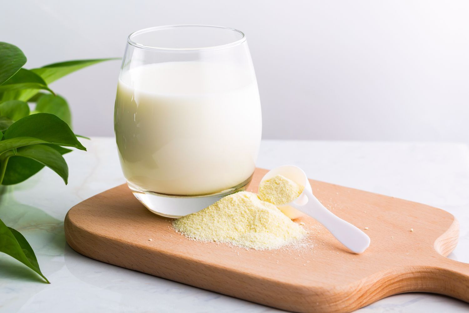 A glass of milk with milk powder